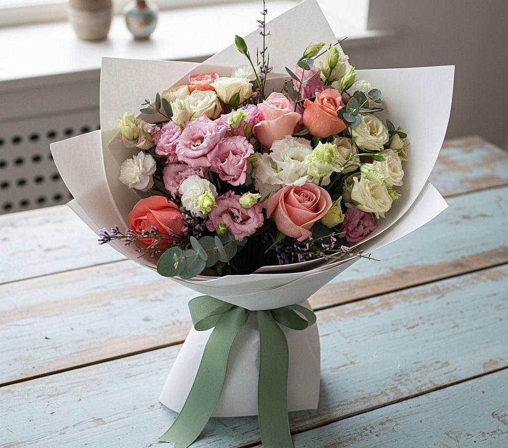 Букет цветов из: Розы, Лизиантусы и Гвоздики в Октябрьский Белгородской области