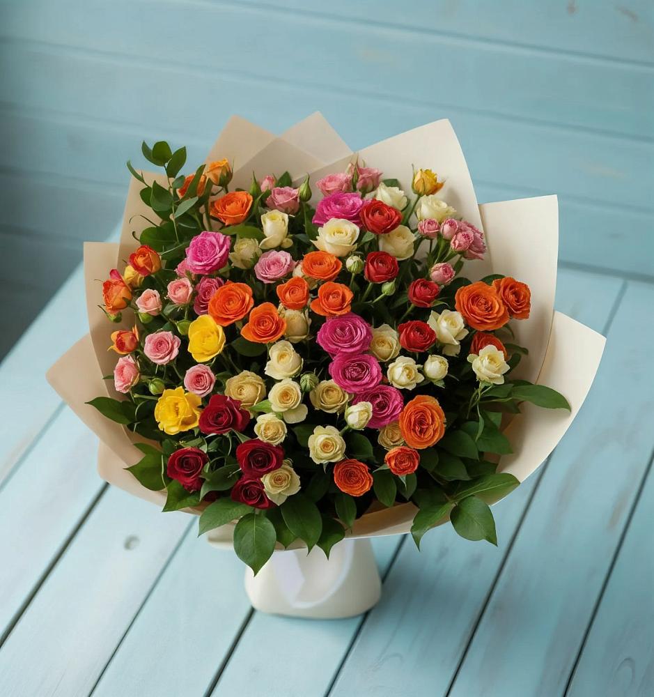 Букет Микс из разноцветных кустовых роз в Октябрьский Белгородской области