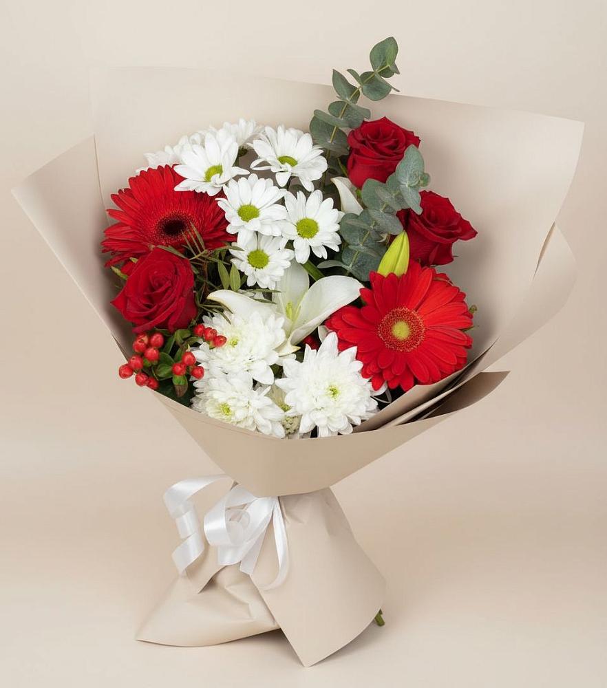 Букет цветов из: Розы, Хризантемы, Герберы и Лилии в Октябрьский Белгородской области