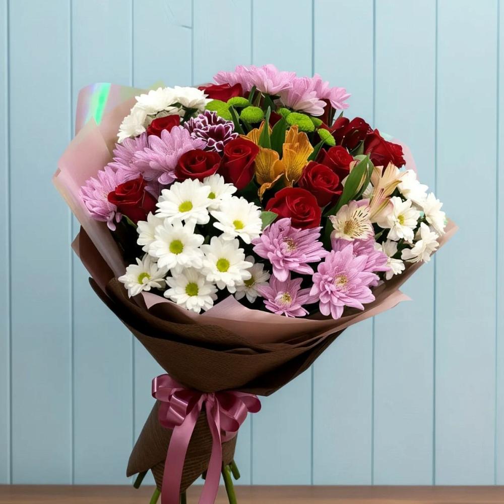 Букет цветов из: Розы, Хризантемы и Альстромерии в Октябрьский Белгородской области