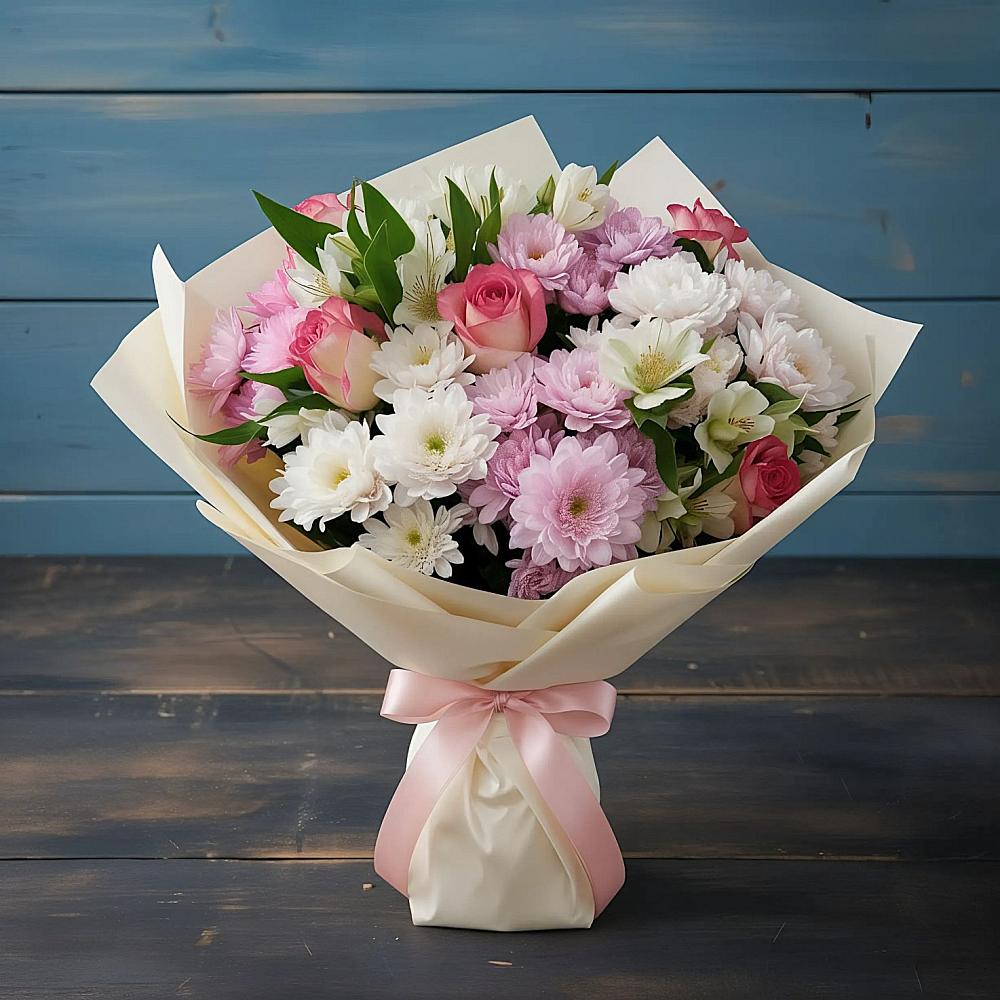 Букет цветов из: Хризантемы, Альстромерии и Розы в Октябрьский Белгородской области